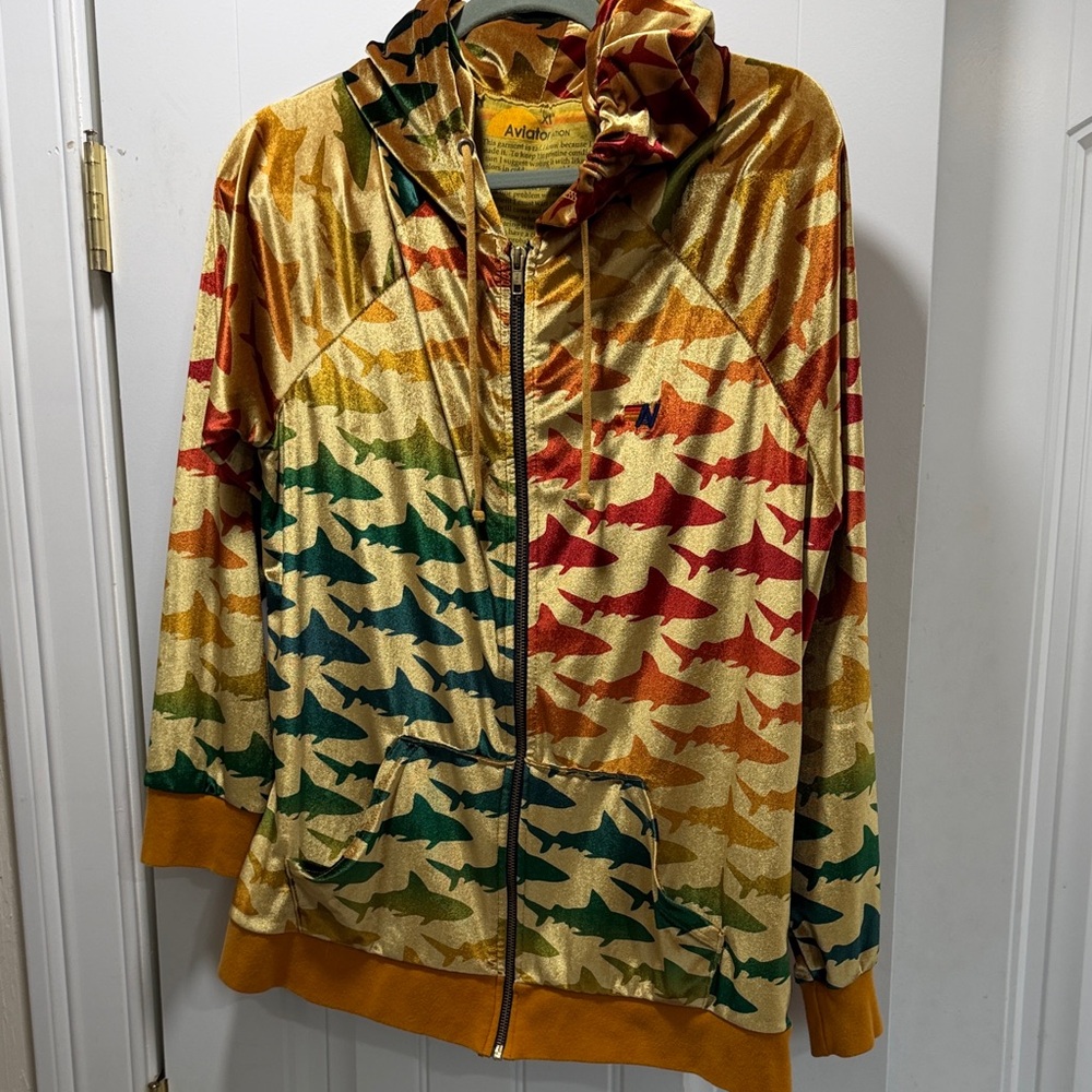 Aviator Nation velour hoodie Gold Multi Shark-Print Zip Jacket XL